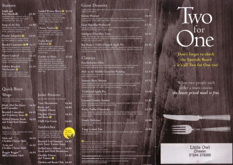 Chestertourist.com - Little Owl Menu Page One